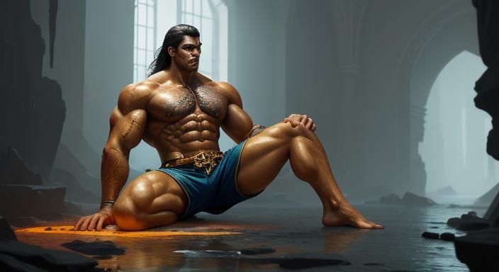 Giant Bodybuilder Lifts Man: Vibrant Oil Painting