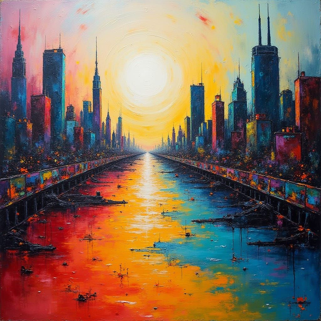 Melting Cityscape in Vibrant, Dreamlike Abstraction