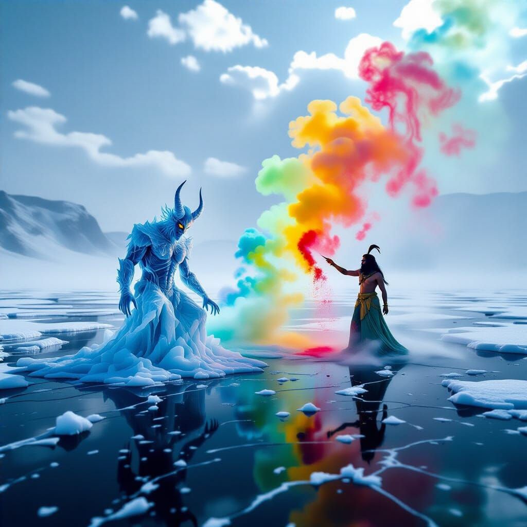 A demon made of ice slowly dissolves into aerogel filaments that drift like frozen smoke across a field of mirror-flat b...