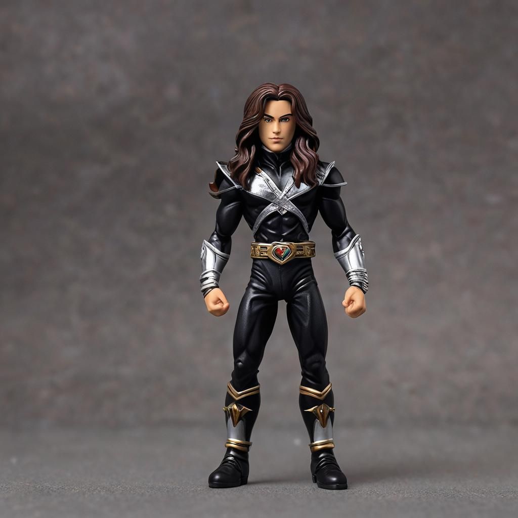 Yong man with long brown hair with brown eyes figurine as the black topaz Power Ranger with a small black topaz pendant