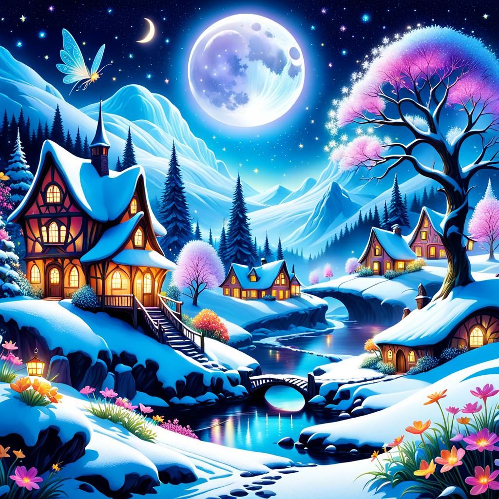 Whimsical Snowy Dreamscape with Luminous Snow Fairies