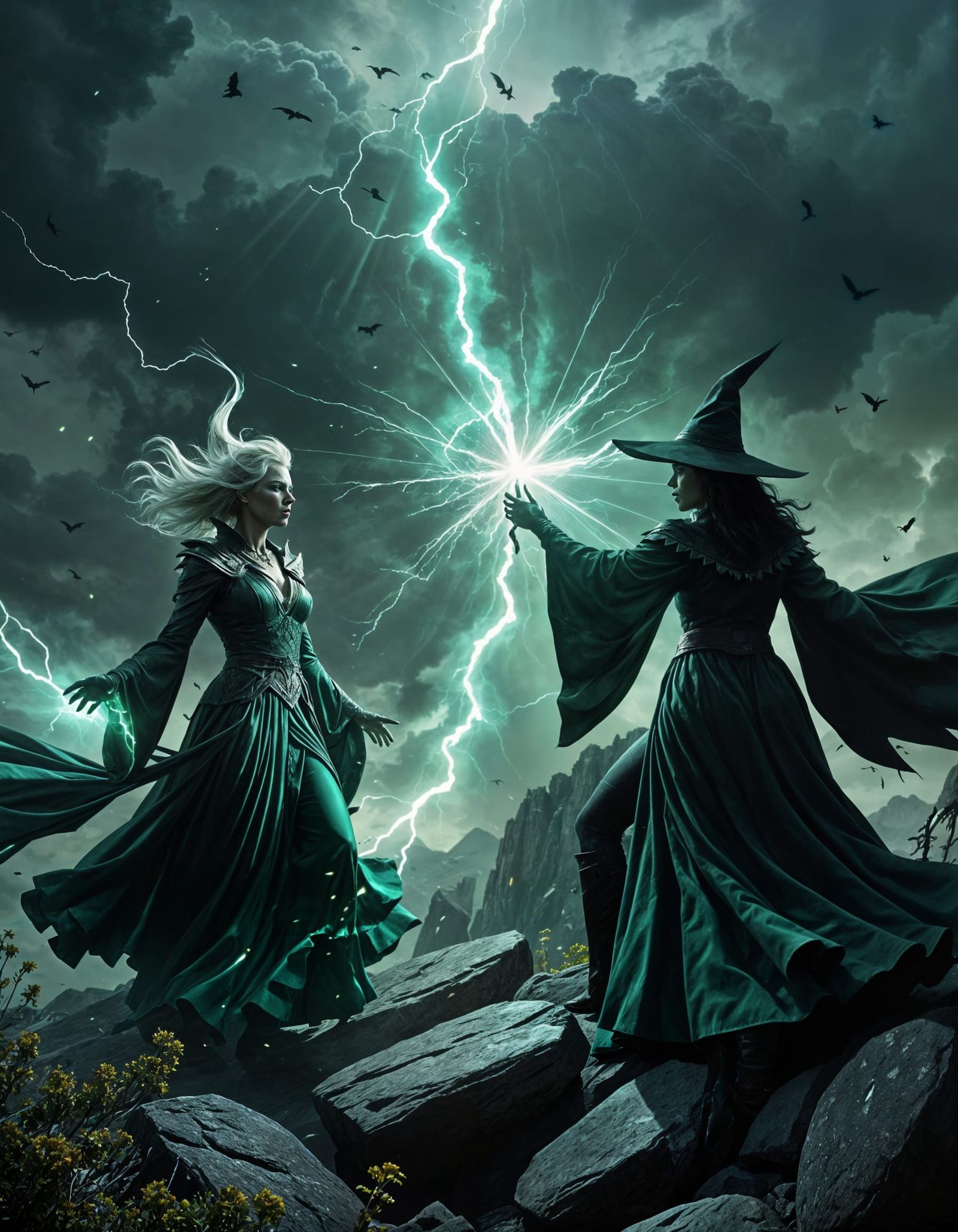 Epic Witch Showdown on Jagged Cliff in Digital Art