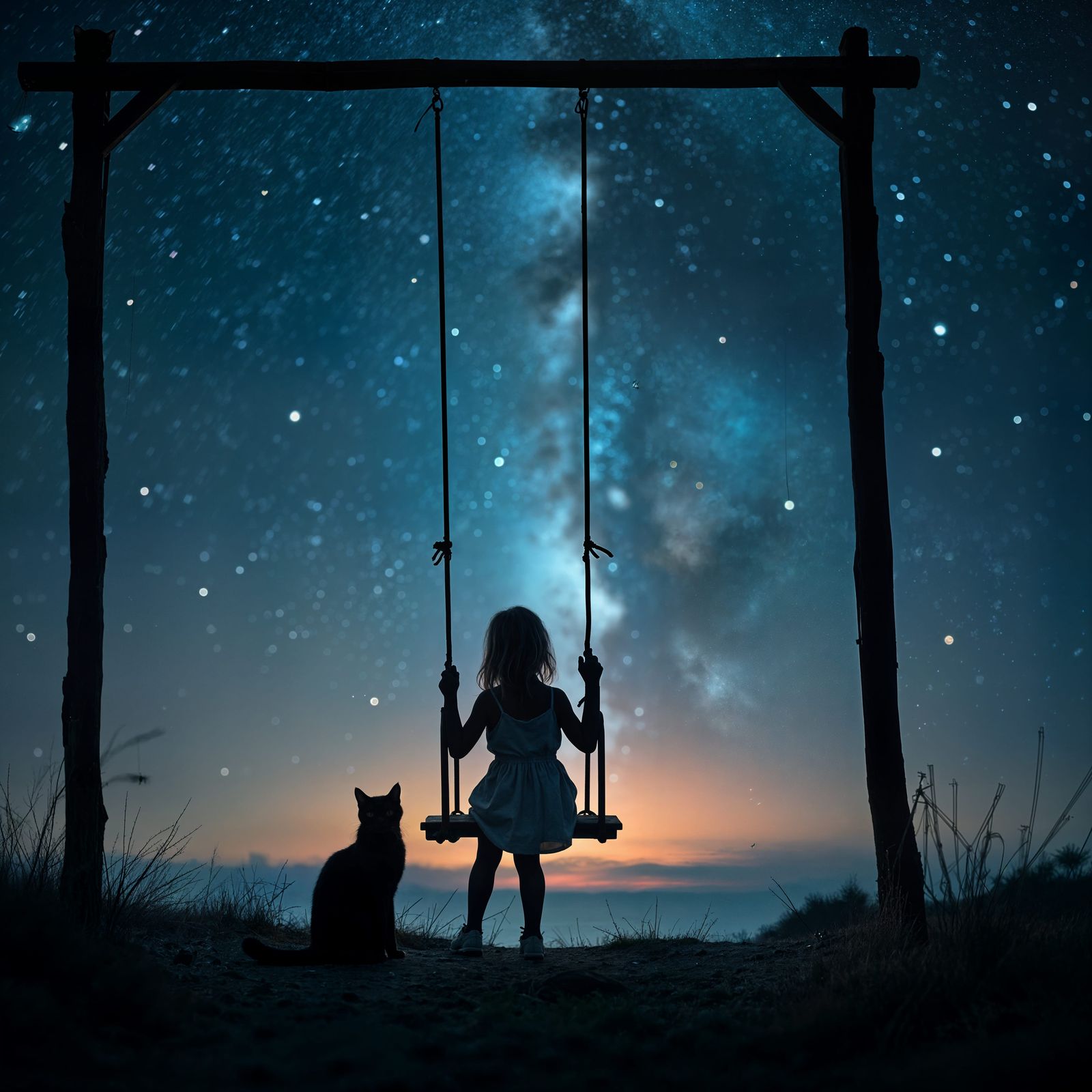 Ethereal Nighttime Scene with Silhouetted Figures and a Star...