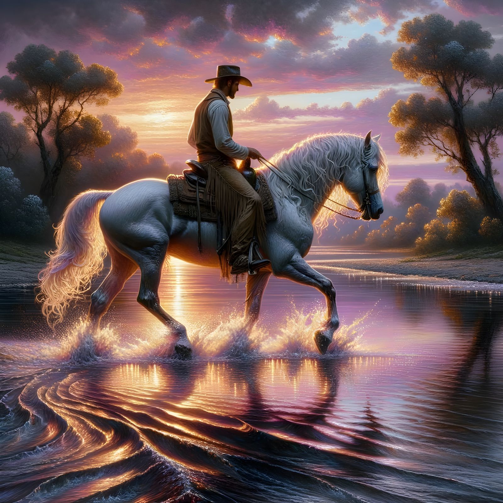 Cowboy Rides Horse Through River at Dusk