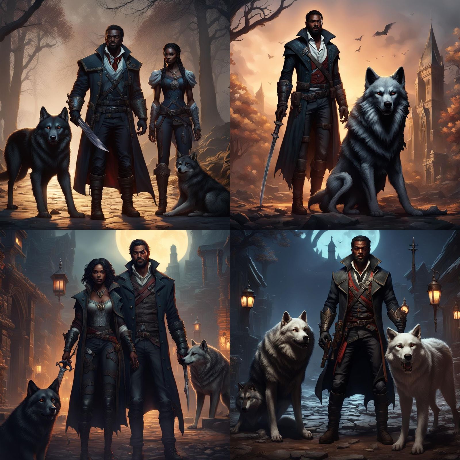 Vampire Hunter and Vampire with Wolf, Dark Fantasy Art