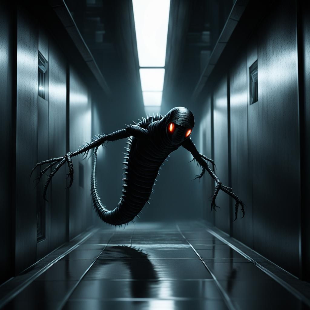 Eerie Sci-Fi Data Leech in Dark Hallway