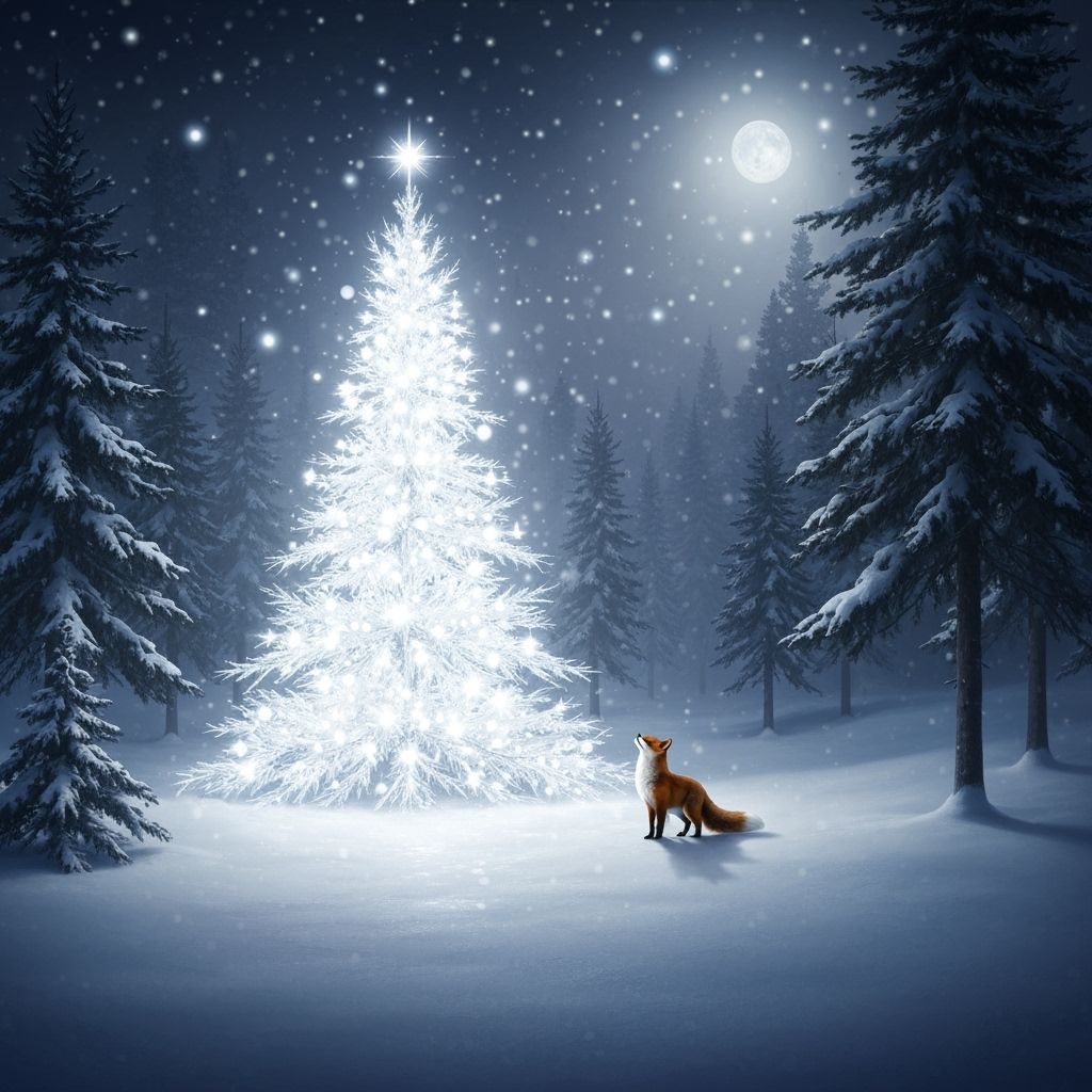 Magical Winter Forest with Glowing Christmas Tree and Fox
