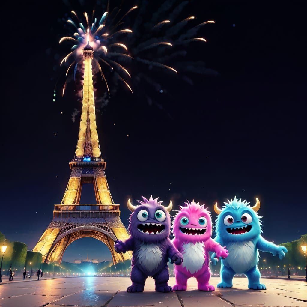Whimsical Eiffel Tower Scene with Monsters and Fireworks