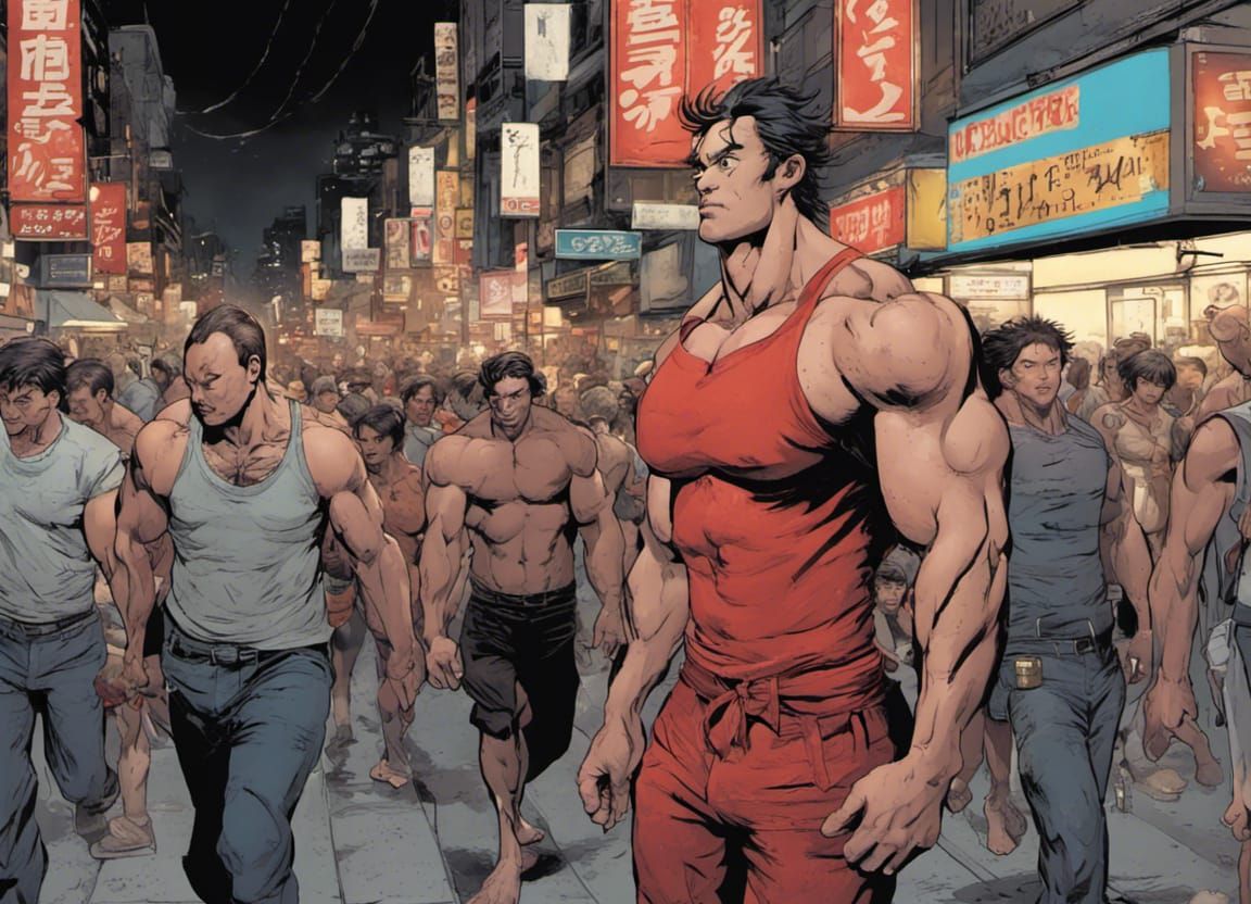 Bulky Bodybuilder Walks City Street: Comic Book Art
