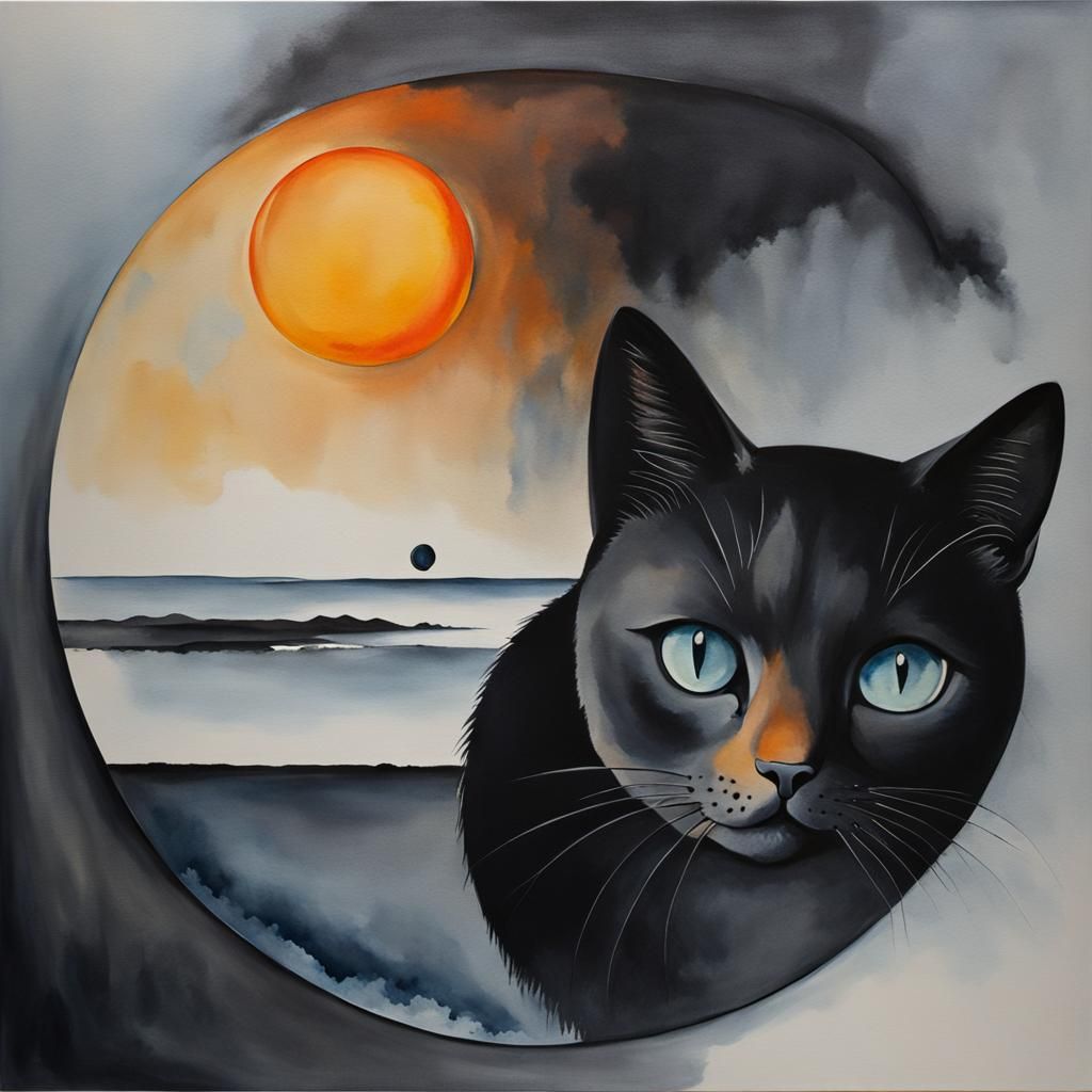 Black Cat in Surreal Watercolor Landscape