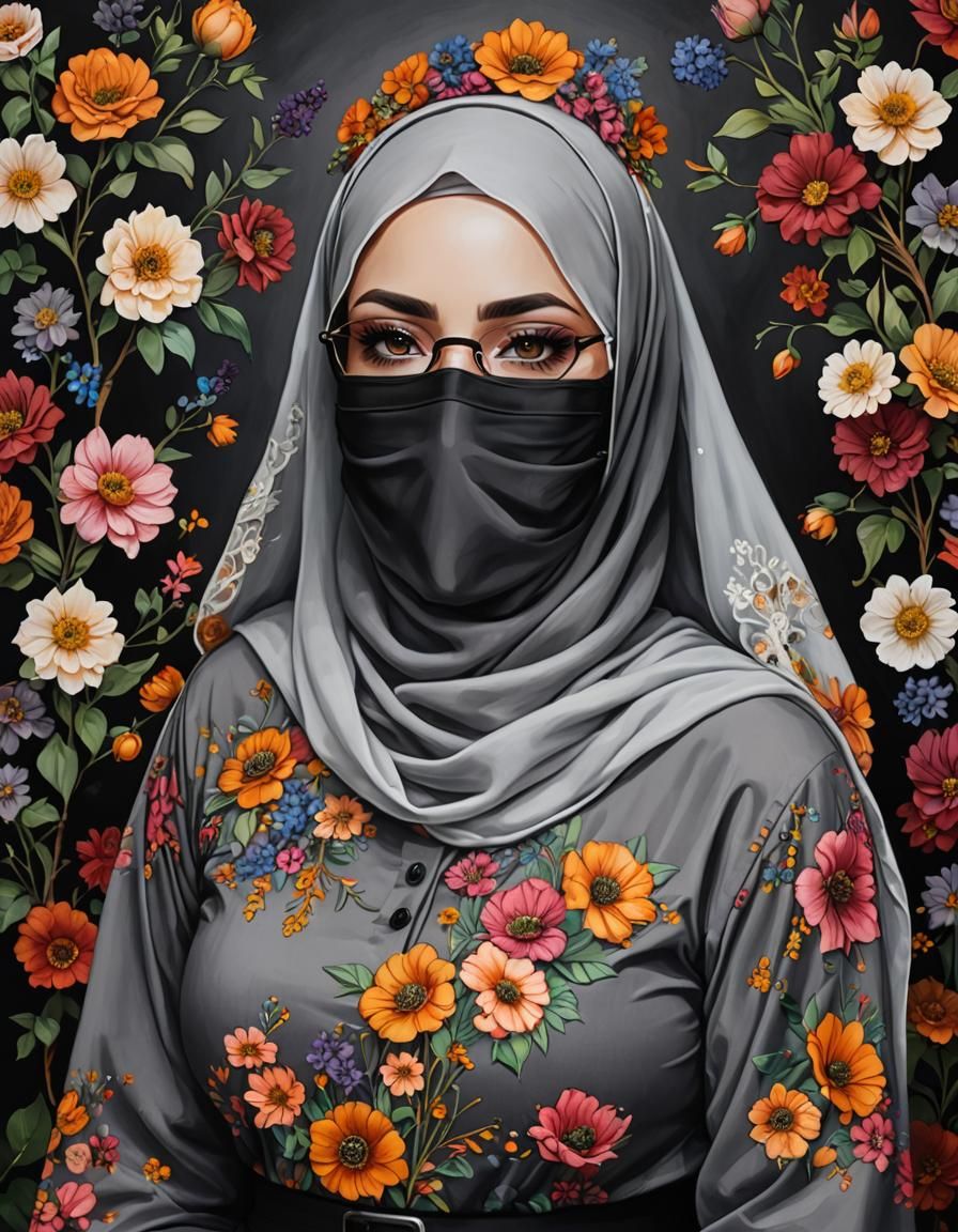 Psychedelic Portrait of Hijabi Woman with Flowers