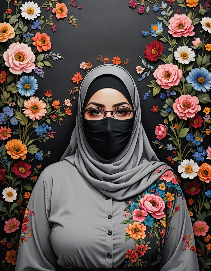 Psychedelic Hijabi Portrait with Facemask in Pop Art Style