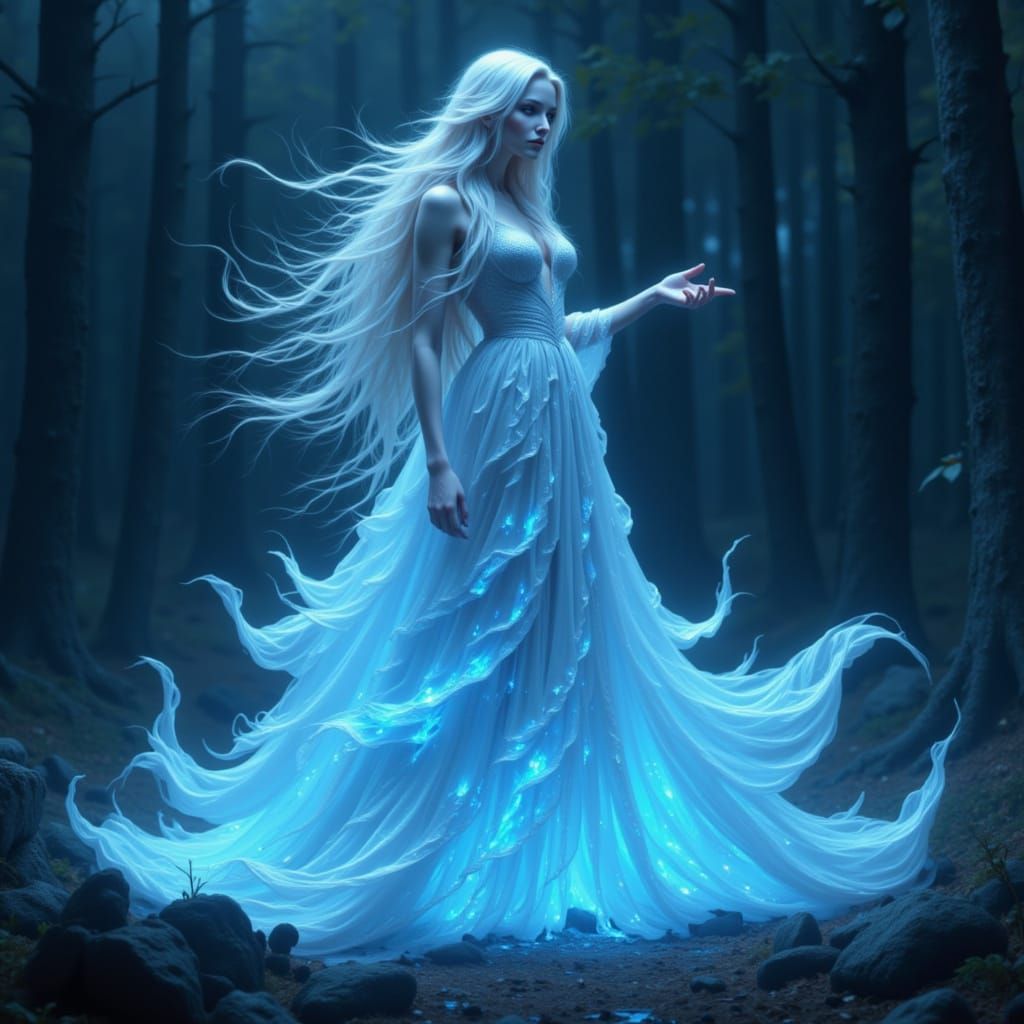Terrifying Woman in Glowing Dress at Night