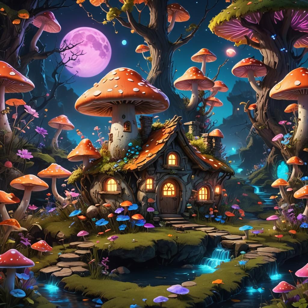 Neon Fairy Mushroom House with Blacklight Effect