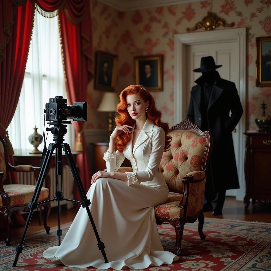 Vintage Temptress in Shadowy Parlor, Film Noir Style