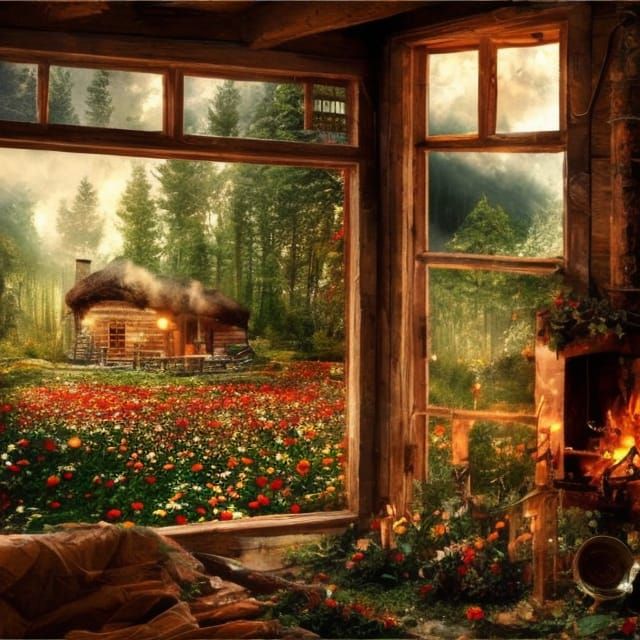 Cozy Cabin in Floral Forest: Digital Matte Painting