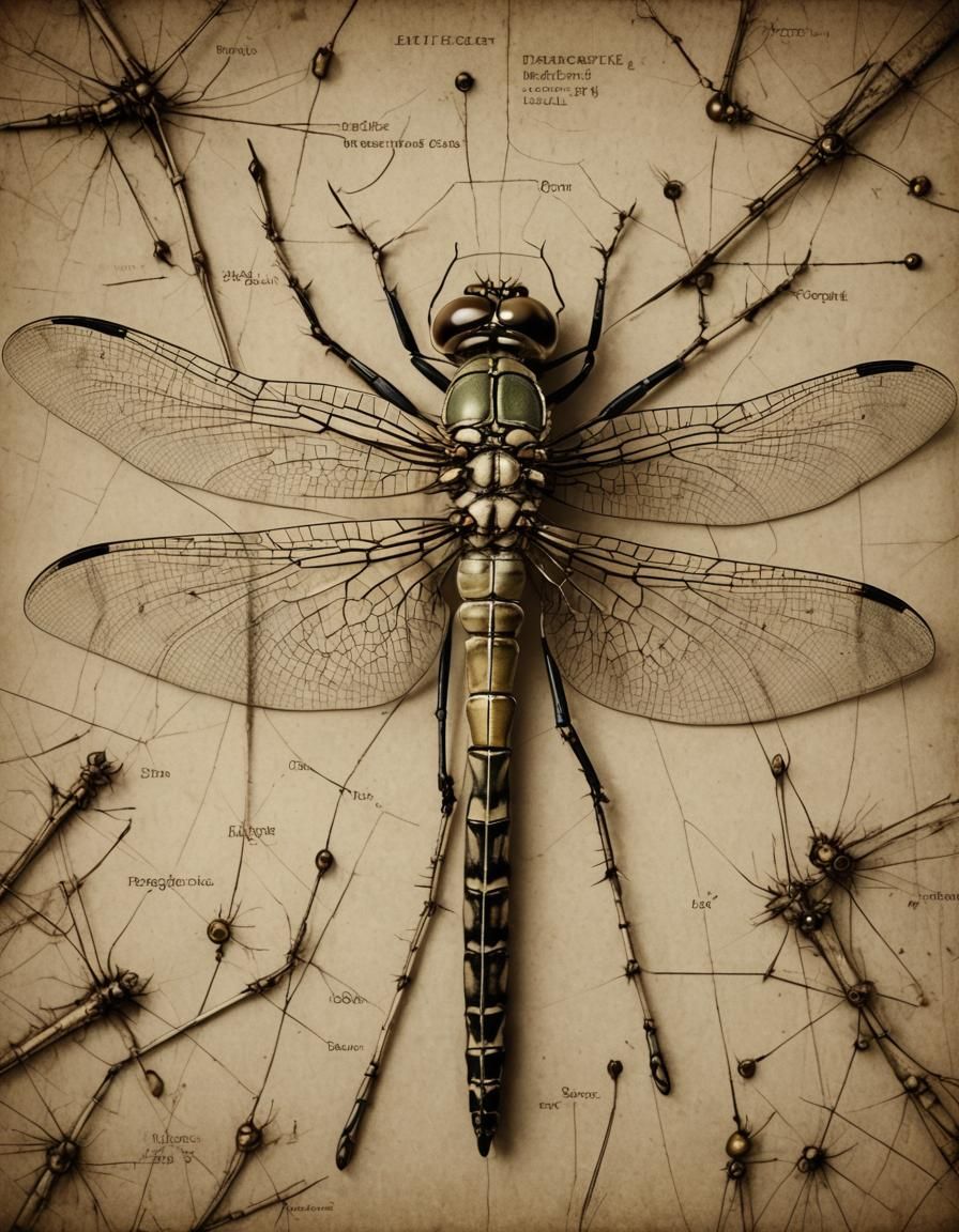 Detailed Scientific Dragonfly Dissection Diagram in Sepia