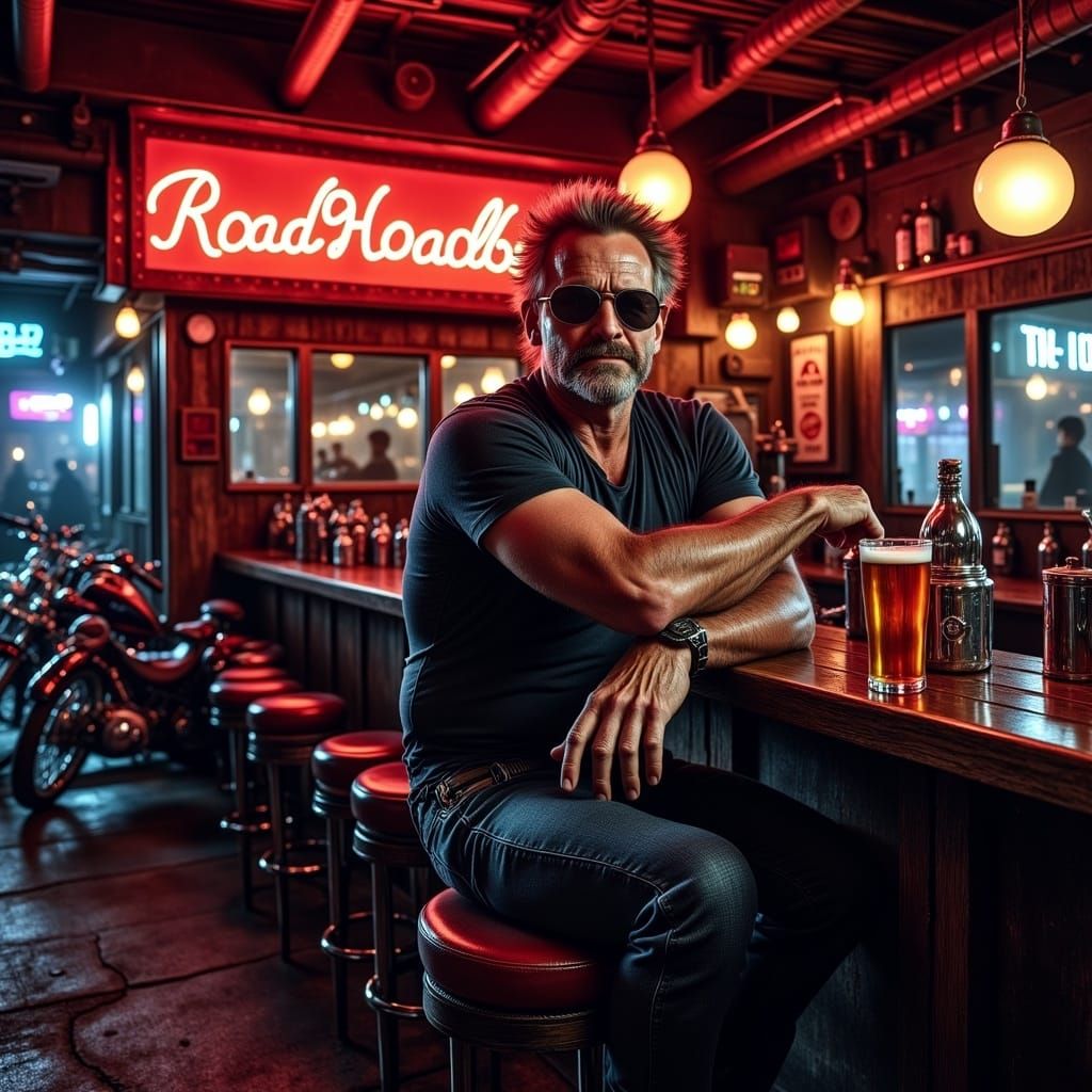 Stone Cold Steve Austin at a Futuristic Roadhouse Bar