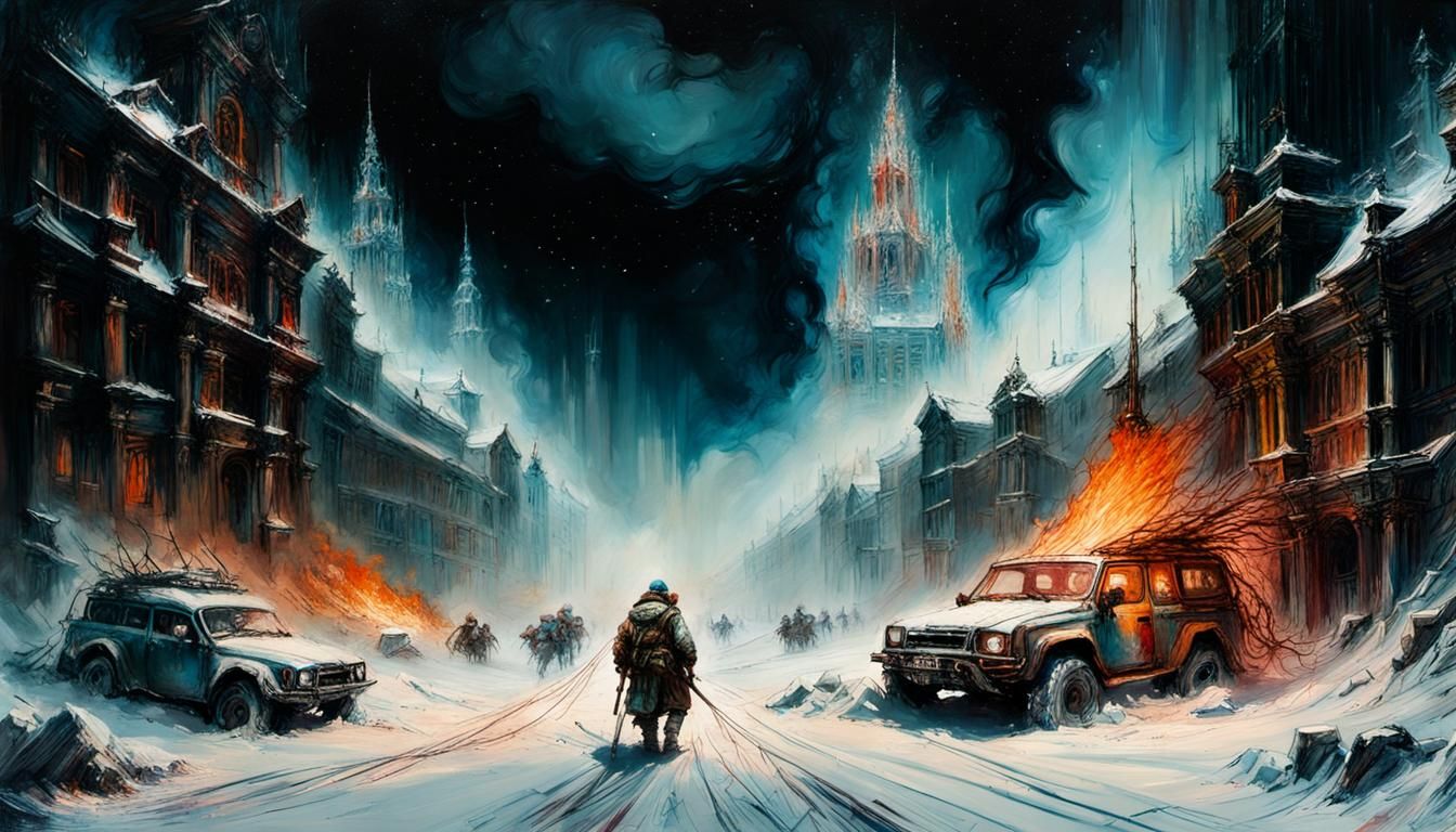 Armageddon in deep winter, snow, ice, escaping from a collap...