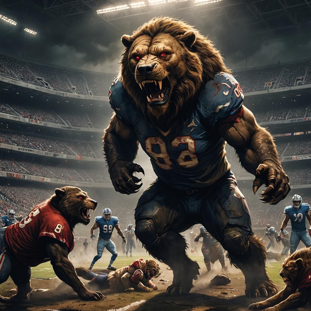 Monstrous Bear Tackles Lion in Dark Fantasy Stadium