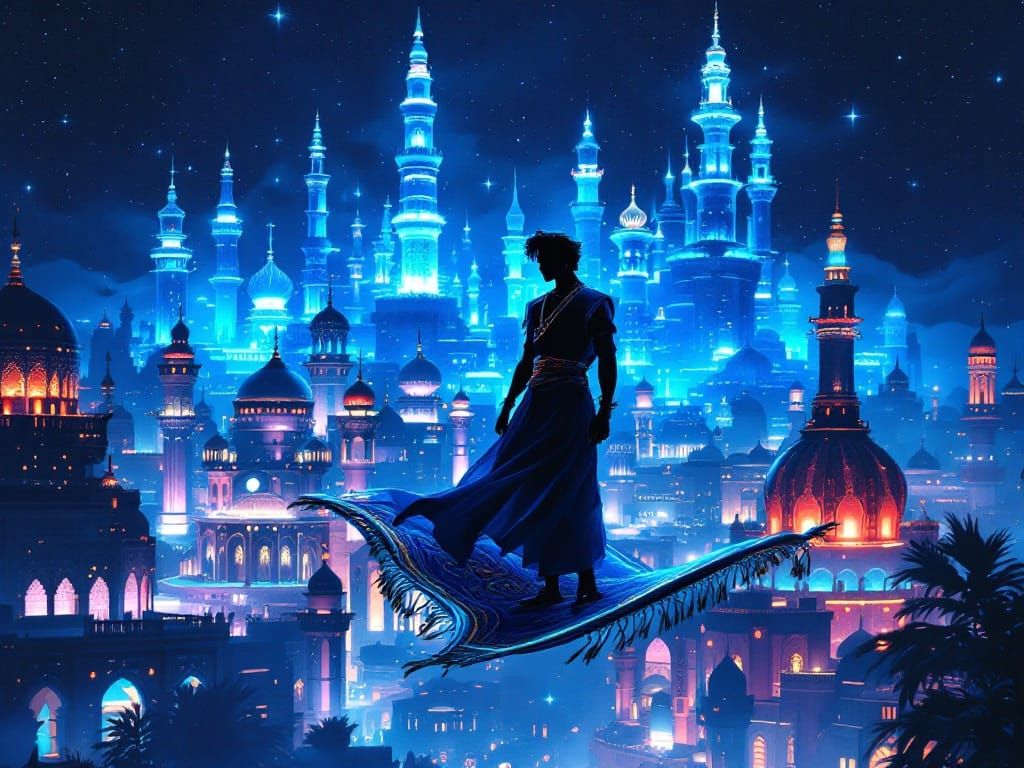 Futuristic Arabian Nights Cityscape with Aladdin and Magic C...