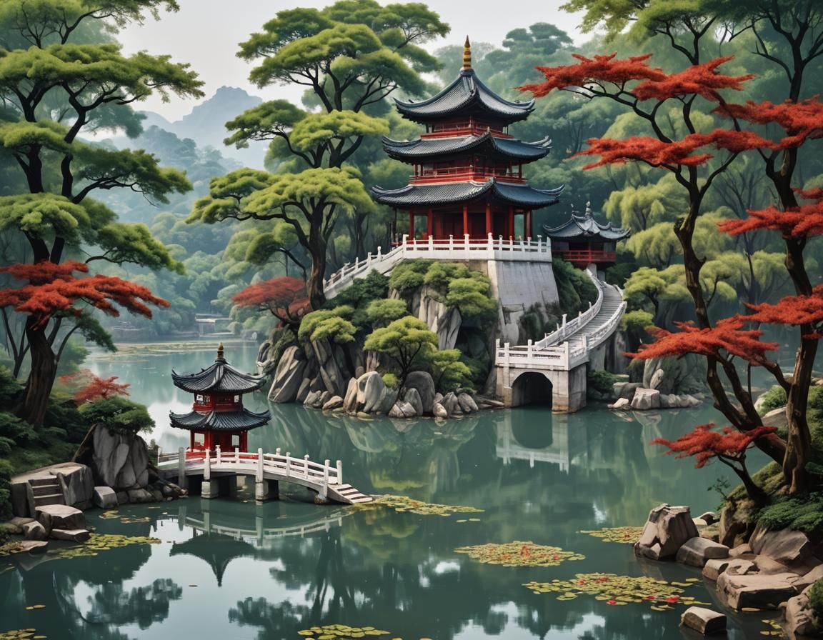 Pagoda Landscape with Red Bridge in Hyperrealism