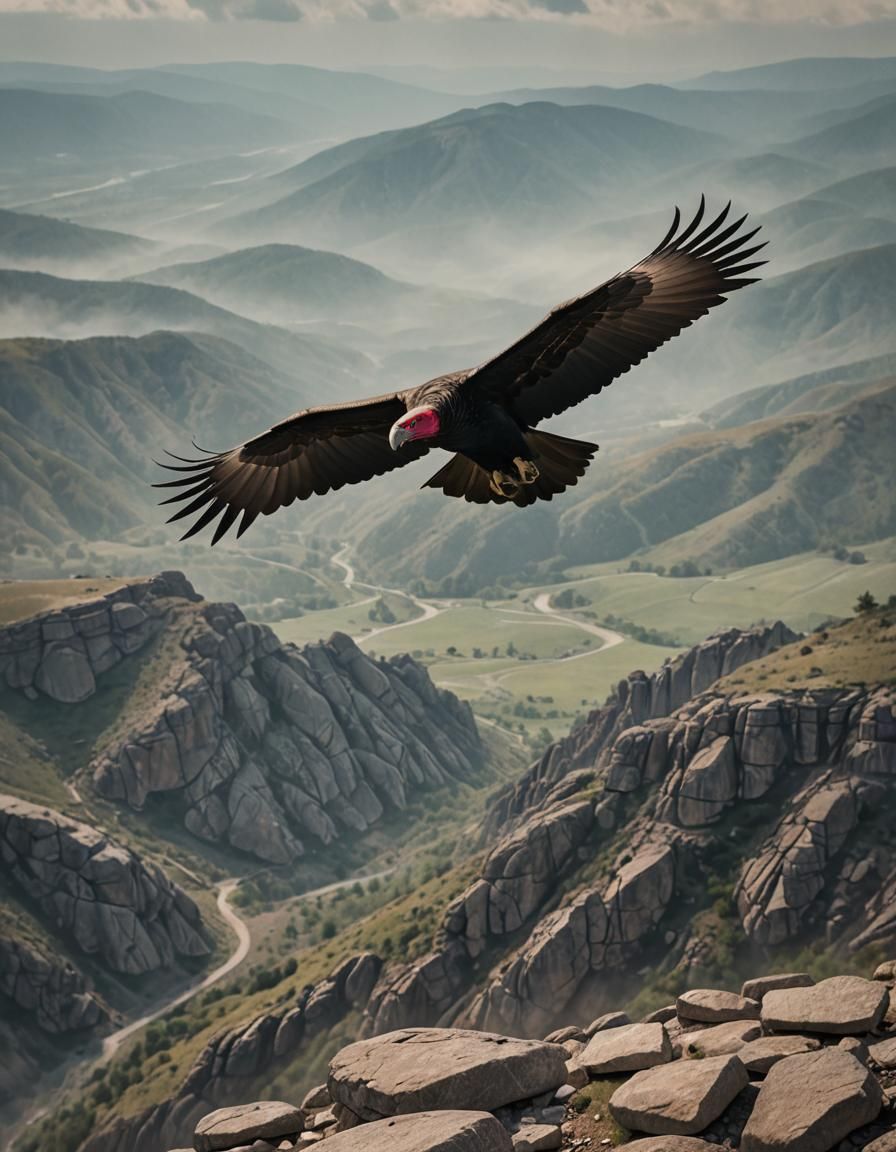 Turkey Vulture Soaring Over Rocky Hills