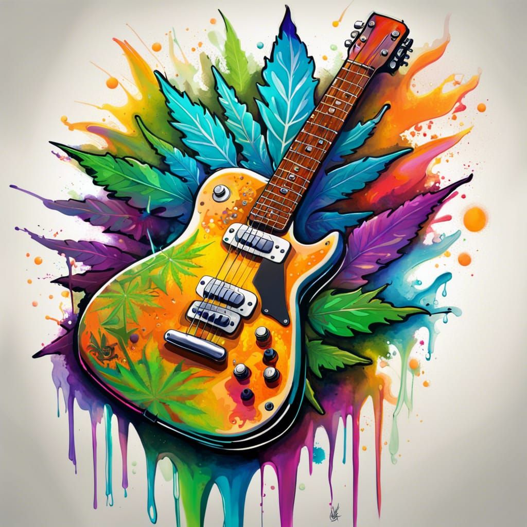 Psychedelic Marijuana Leaf Guitar in Graffiti Art
