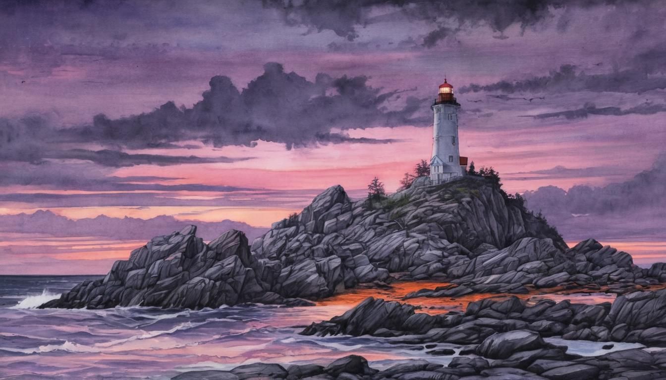 Lighthouse on Rocky Island at Dusk: Watercolor