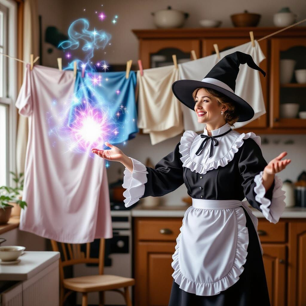 Wizard Housemaid Uses Magic to Hang Laundry