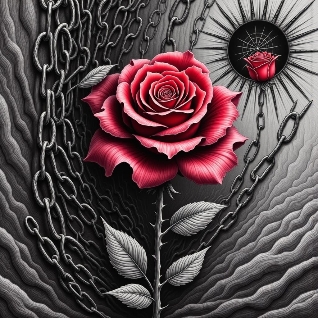 Vibrant Red Rose Blooms in Surreal Grayscale Landscape
