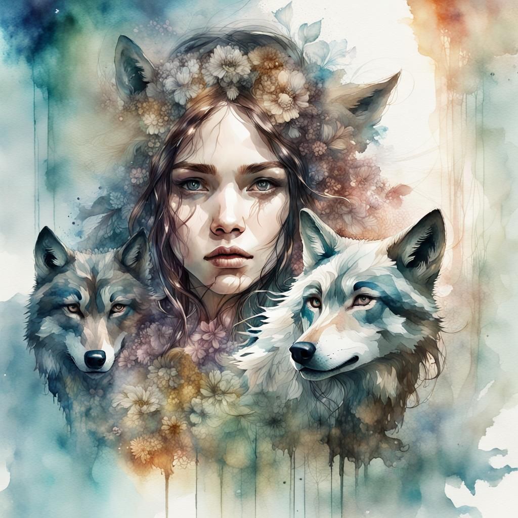 Double Exposure: Girl and Wolves in Watercolor Art