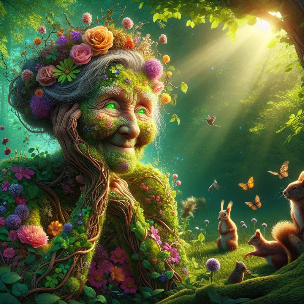 Whimsical Grandma Nature in Airbrush Painting Style