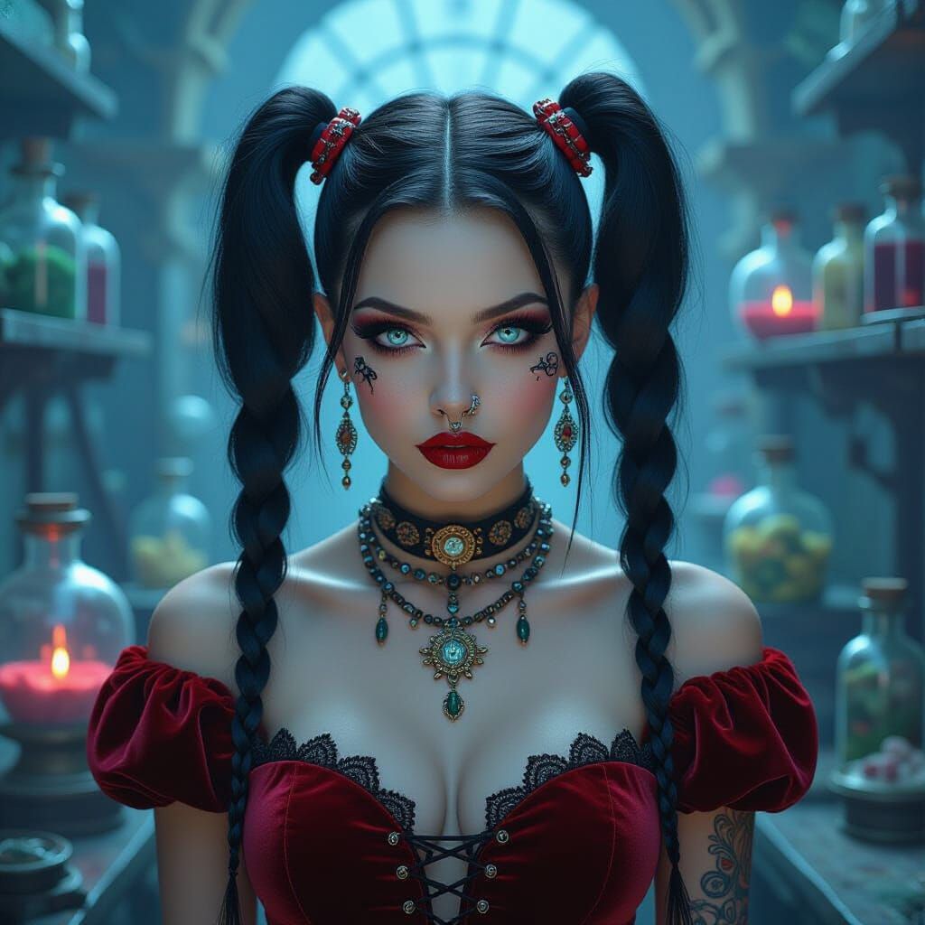 Cybergoth Woman in Steampunk Alchemy Lab