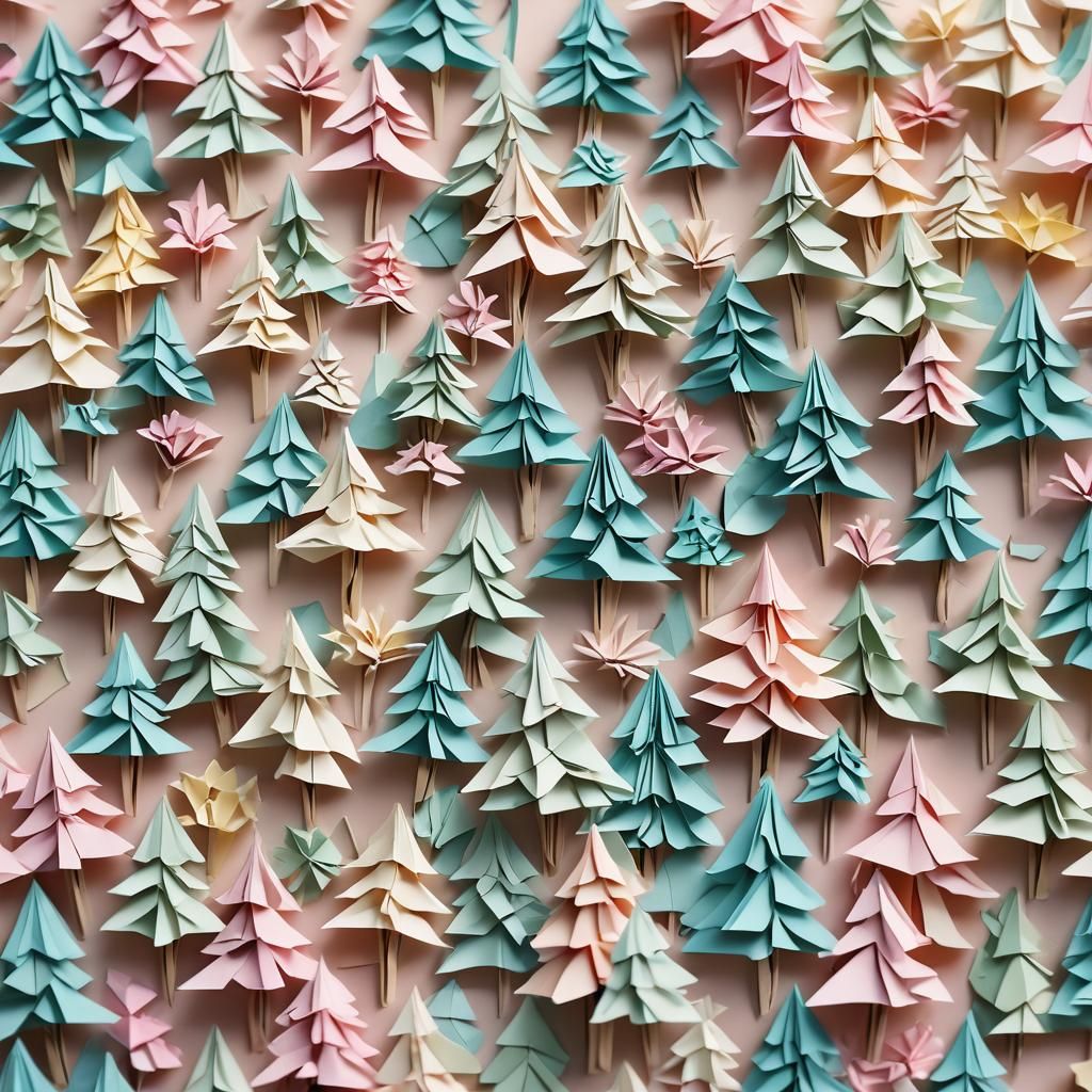 Origami Papercraft Trees on Pastel Stationery Background
