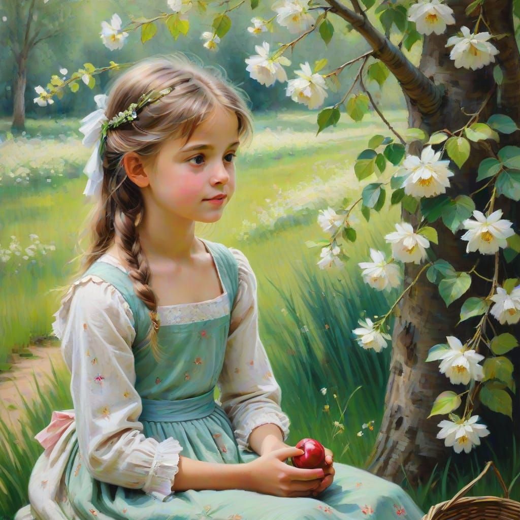 Girl in Garden with Cherries, Impressionistic Oil Painting