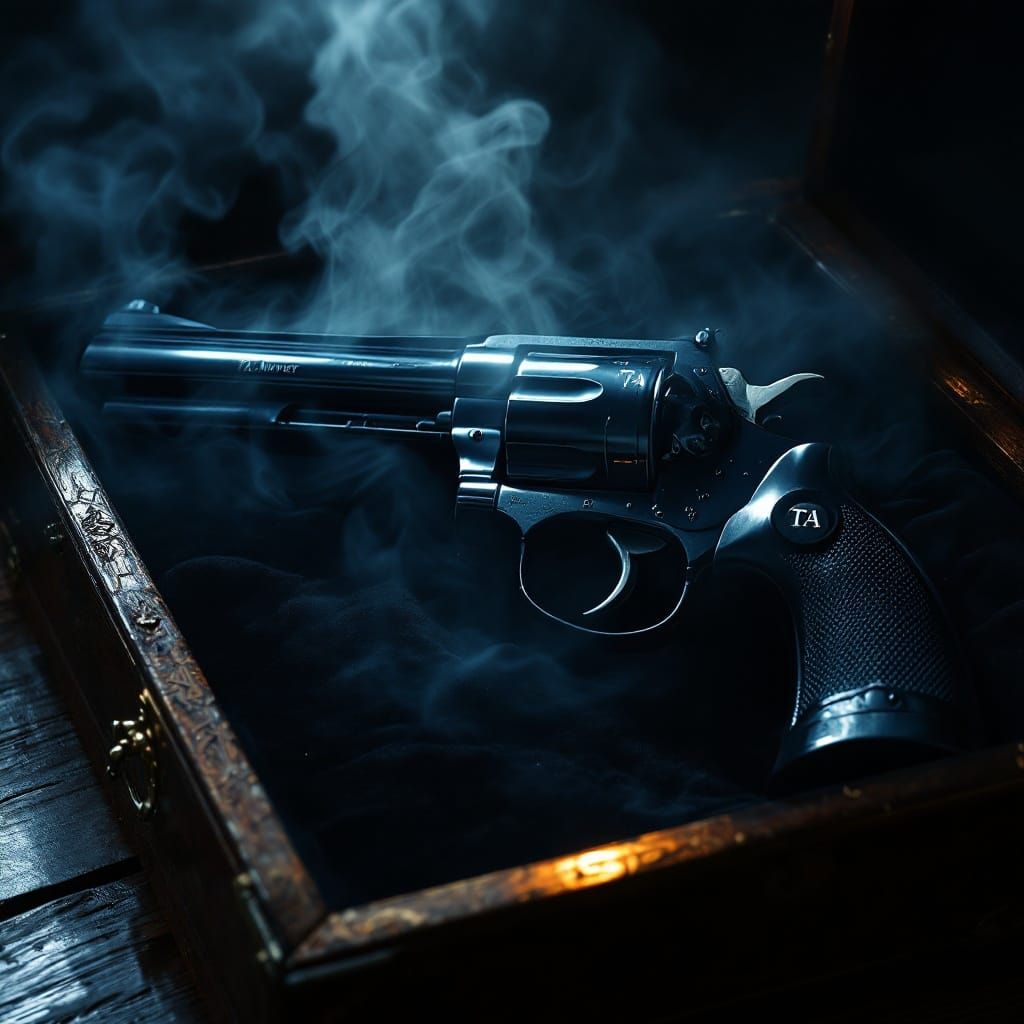 Ominous Revolver in Velvet Case with Swirling Mist