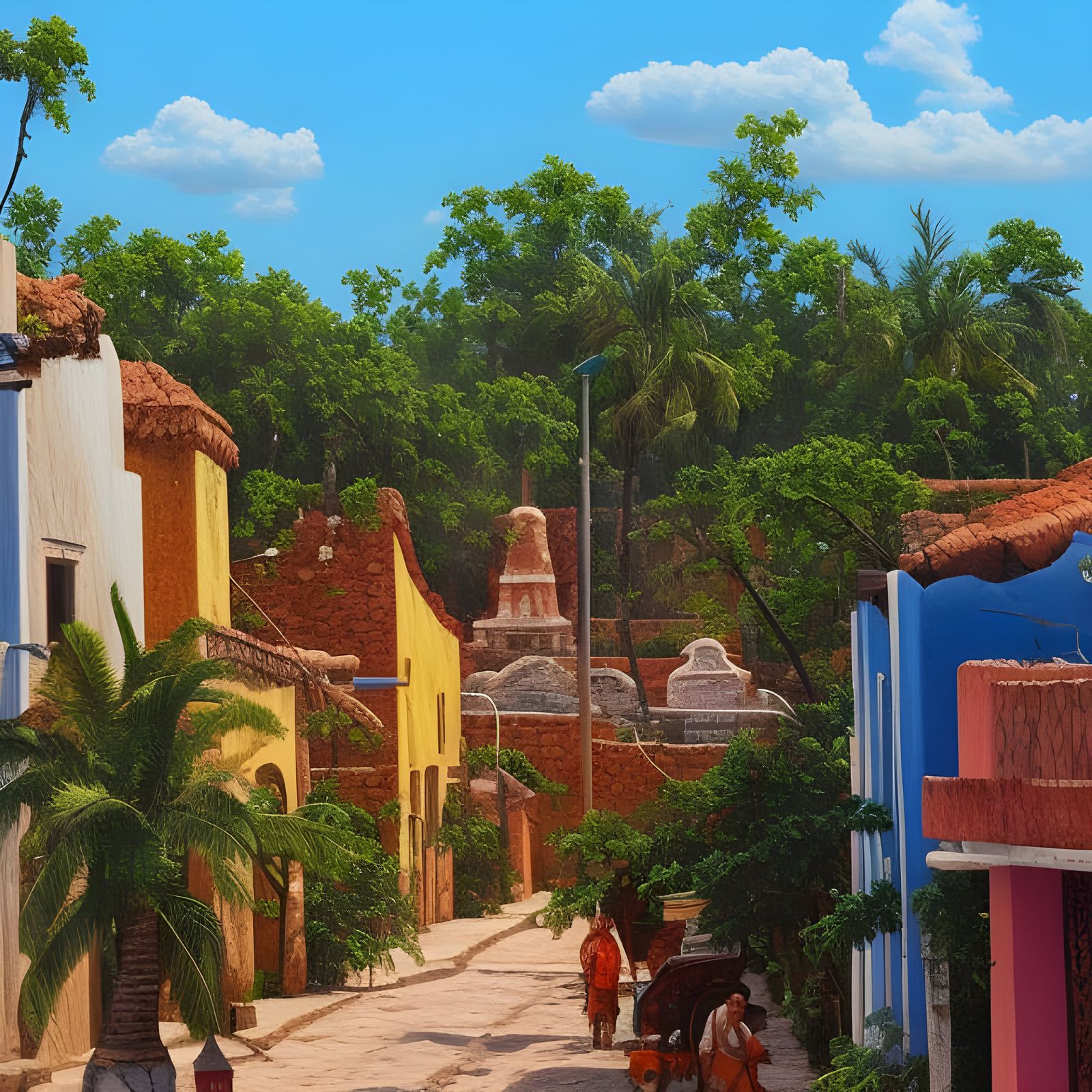 Sunny Yucatan Town in Oil Painting Style