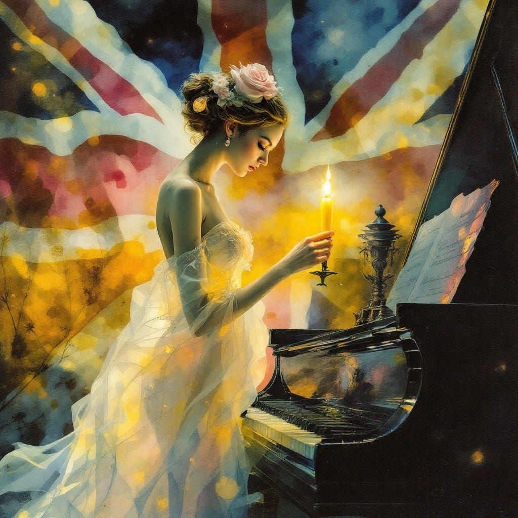 Surrealist Scene with Translucent Woman and Vintage Piano