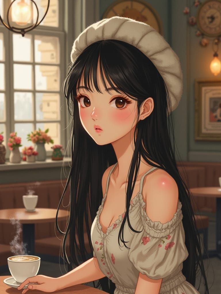Korean Woman in Vintage Cafe, Watercolor Illustration