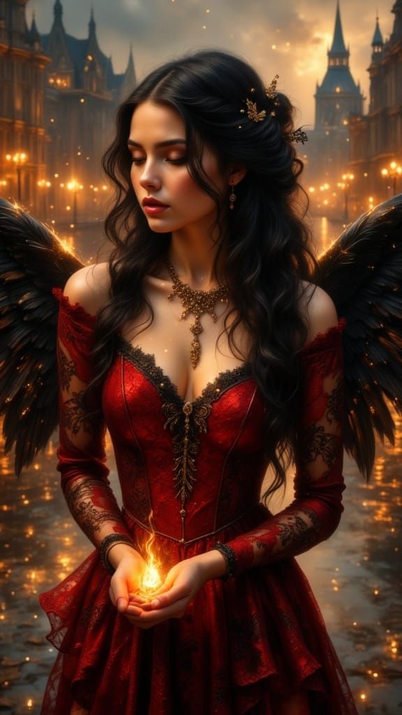 Ethereal Woman with Angel Wings Holding Fire Over Burning Lo...