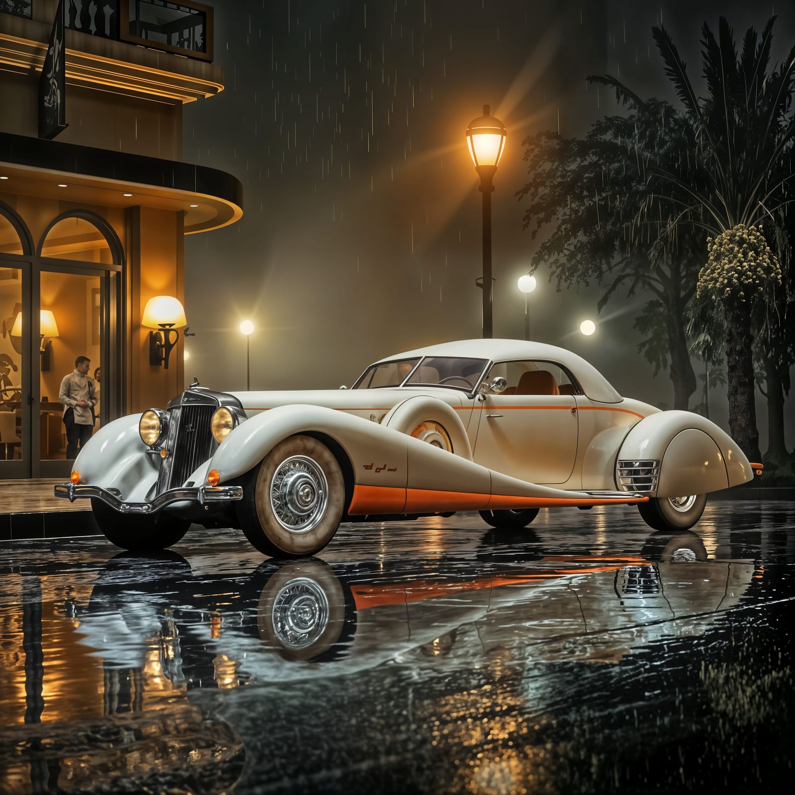 Futuristic Art Deco Vehicle in Heavy Rain