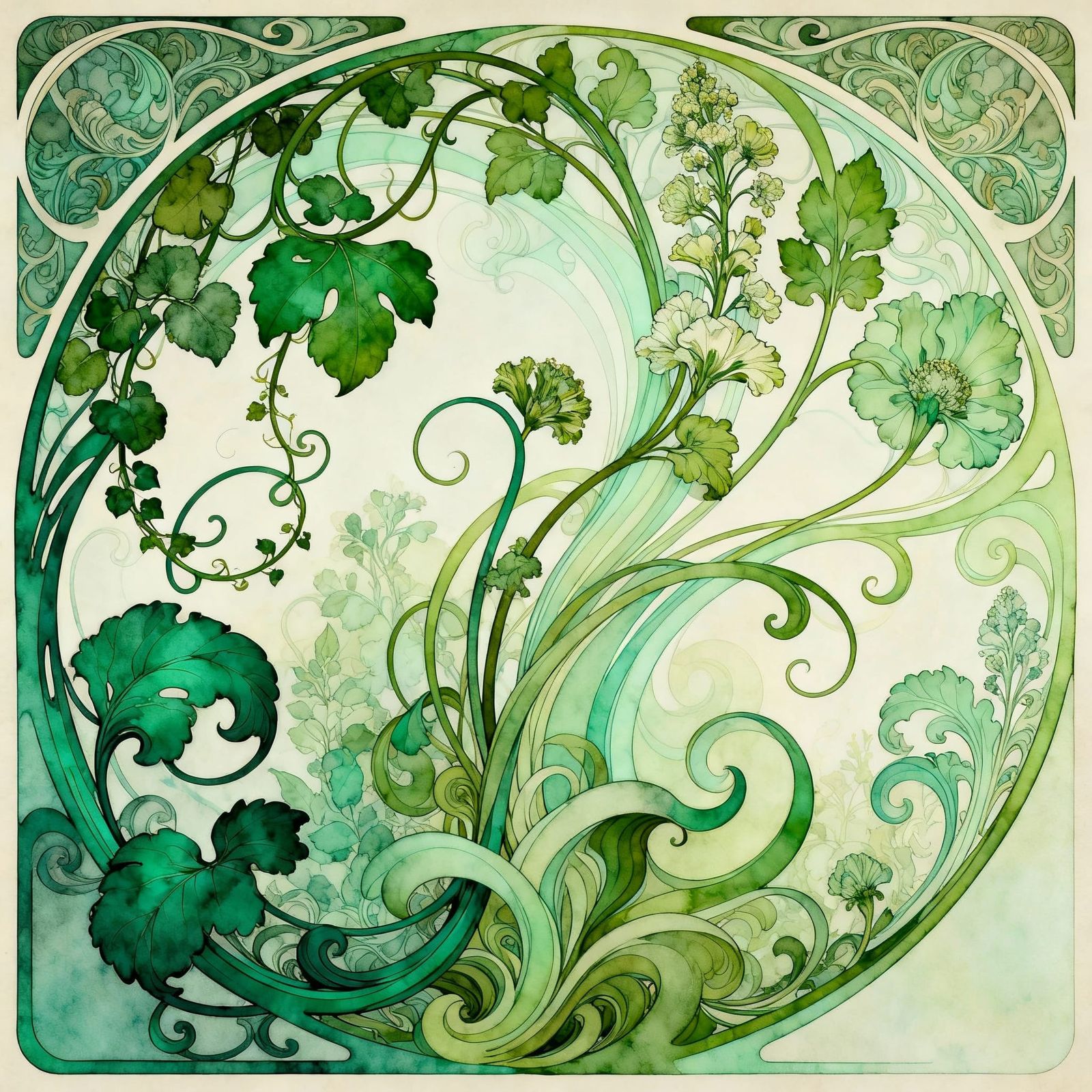 Art Nouveau Verdant Curves in Emerald and Jade Tones