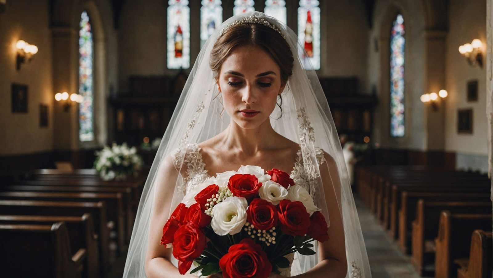 Mysterious Bride with Red Veil and Tulle Flowers