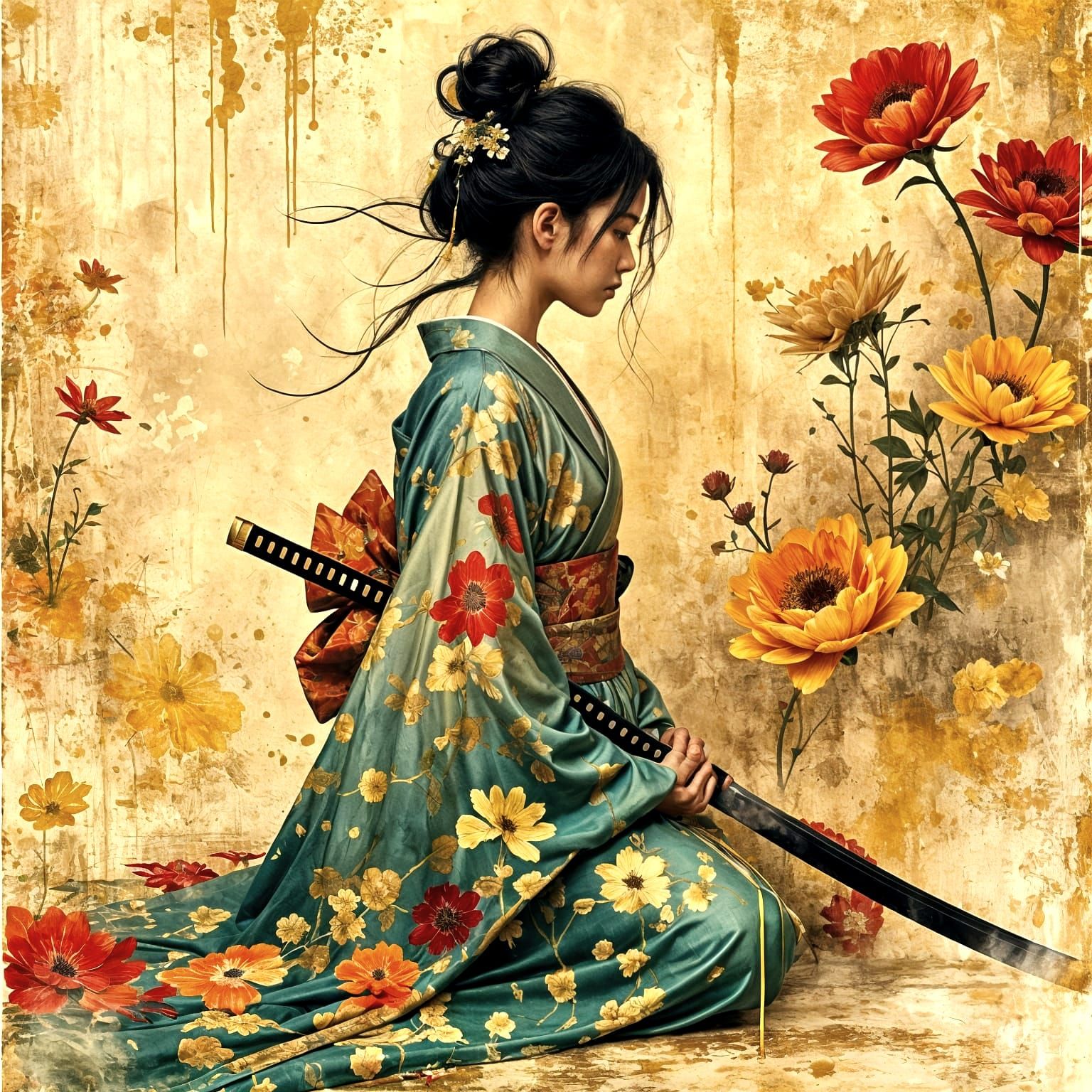 Japanese Warrior Goddess in Vibrant Kimono Holds Katana Swor...