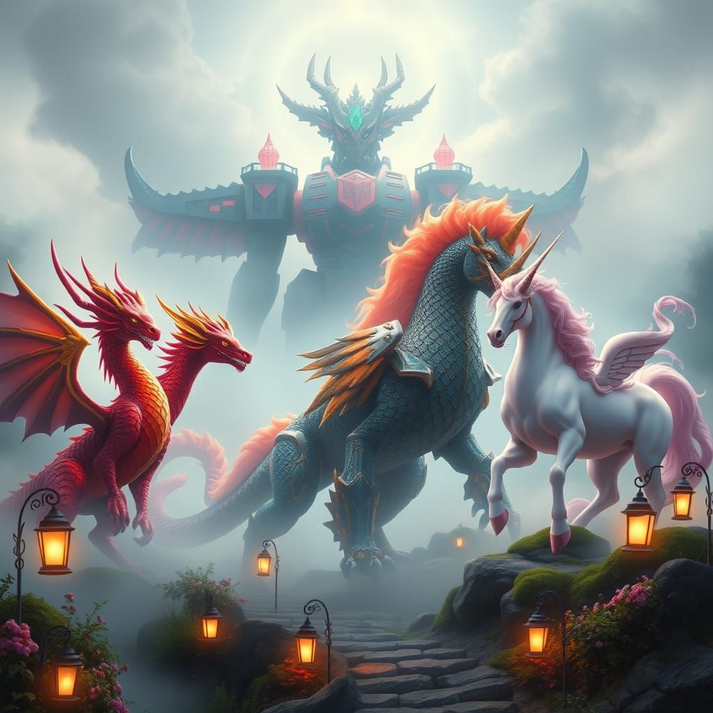 Ethereal Fantasy Zords Unite in Majestic Megazord Form