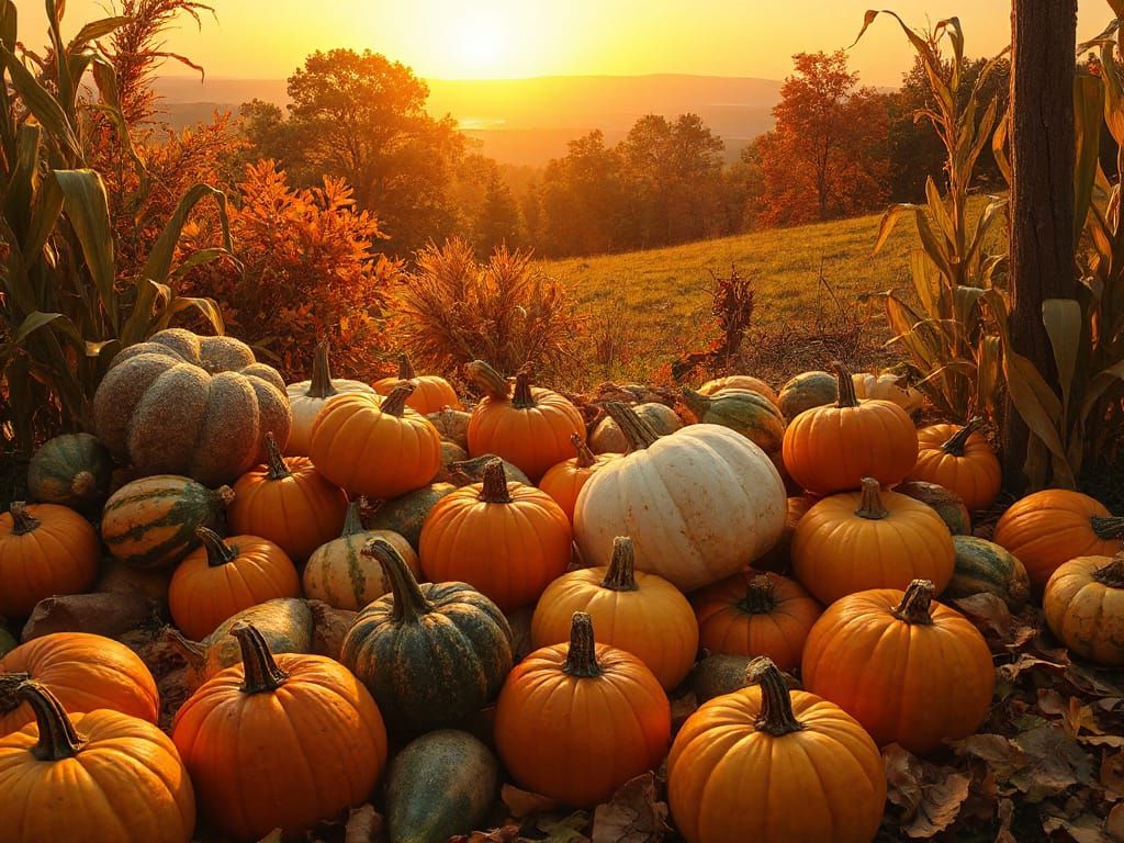 Vibrant Autumn Harvest Scene in Golden Hour Light