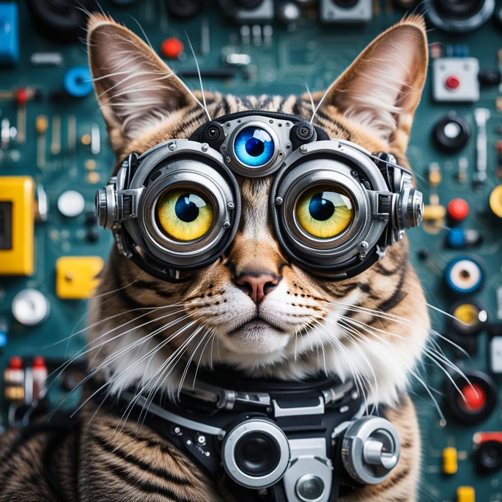 Googly-Eyed Cyborg Cat Inventor at Work