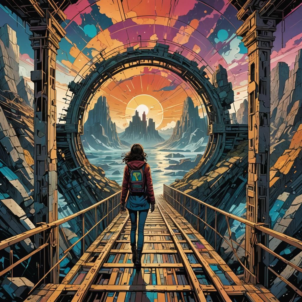 Fairytale Girl on Crumbling Bridge, Comic Book Art