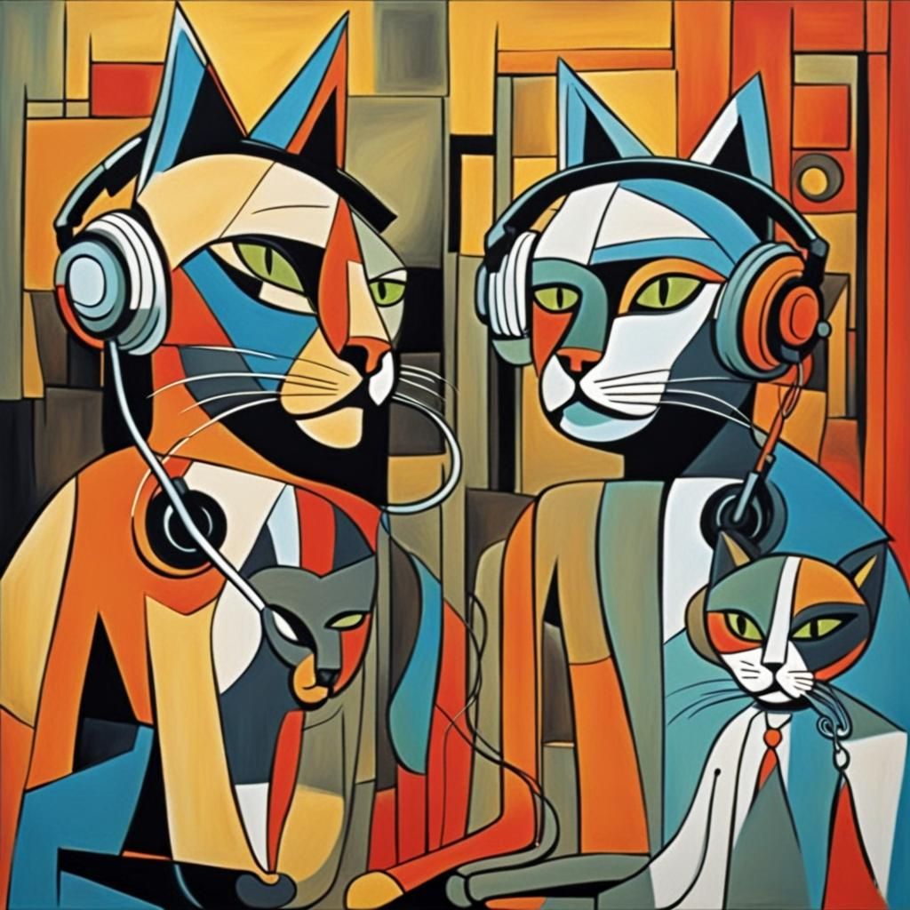 Cats in Call Center, Picasso Style Abstract Art
